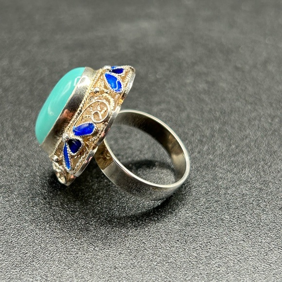 #1 Vintage Sleeping Beauty Turquoise Ring, 925 Silver with Enamel Accents SZ 7 - Picture 2 of 10